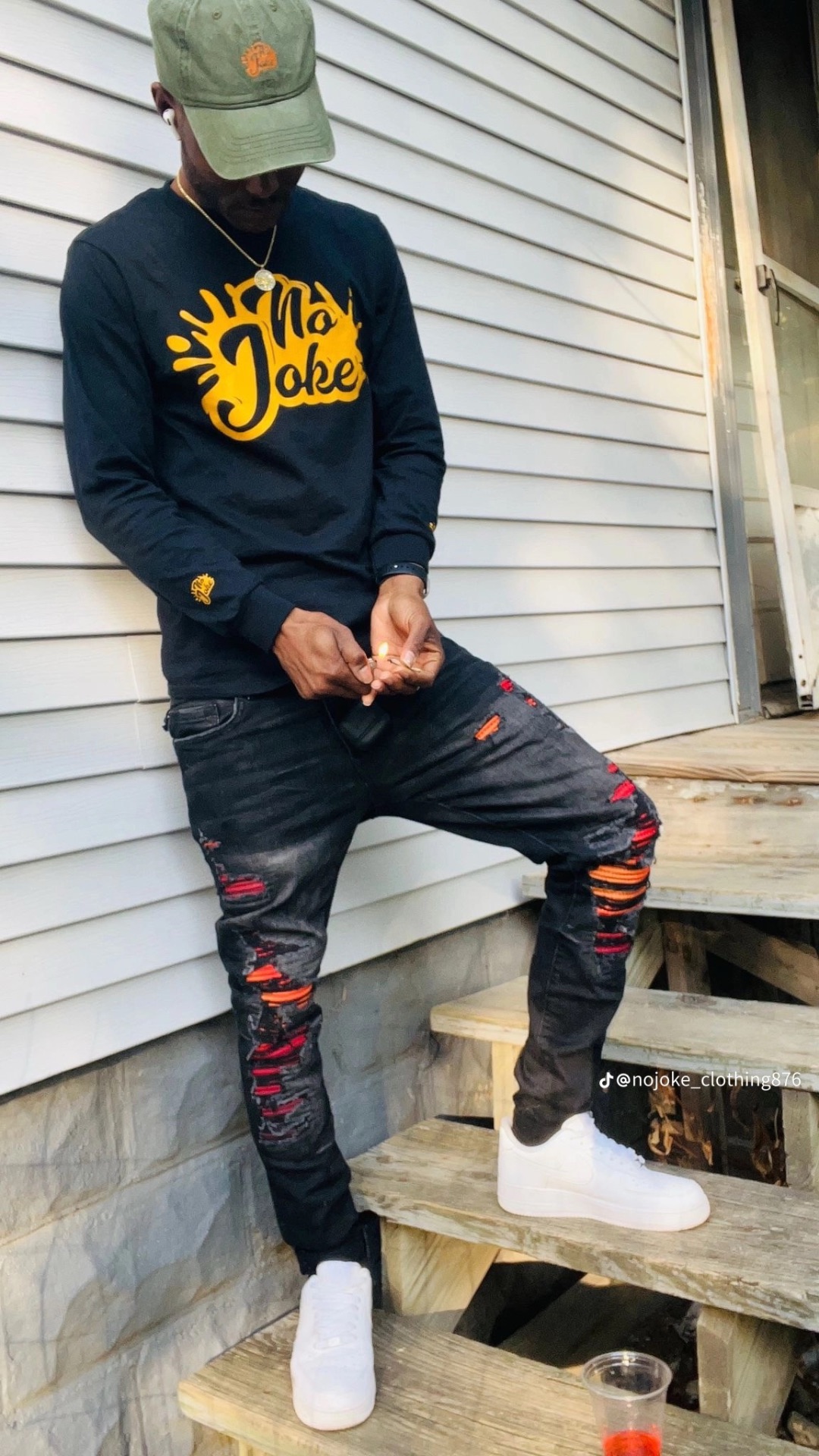 Customer wearing NO JOKES 10